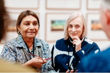 Shirley Macnamara with Diane Moon, Curator, Indigenous Fibre Art, planning the exhibition