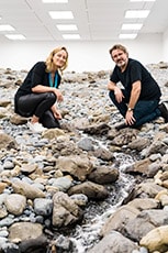 Artist Olafur Eliasson and Geraldine Kirrihi Barlow, curator of ‘Water’, inspect Riverbed 2014