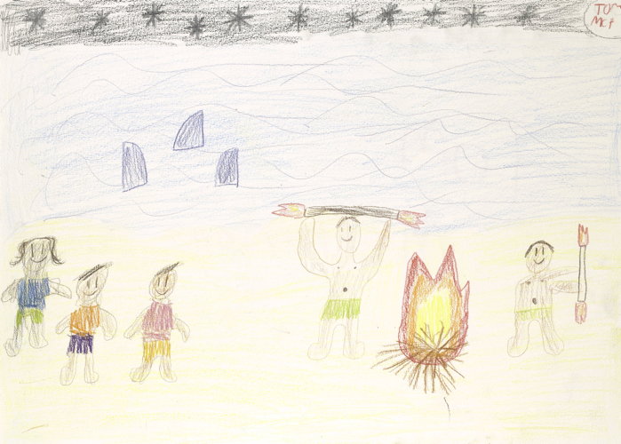 I drew a picture of when I was in Fiji and there were fire spinners on the beach at night.