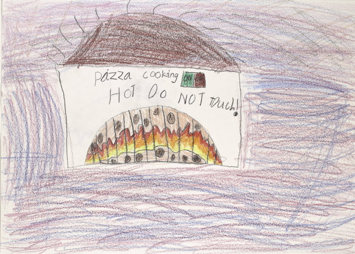 The drawing is about a campfire in a fireplace cooking pizza.