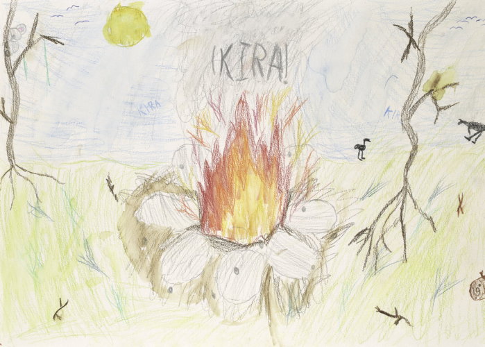 A Kira has been lit on the ground with lots of rocks and small sticks. It has been lit in a natural environment with burnt trees.