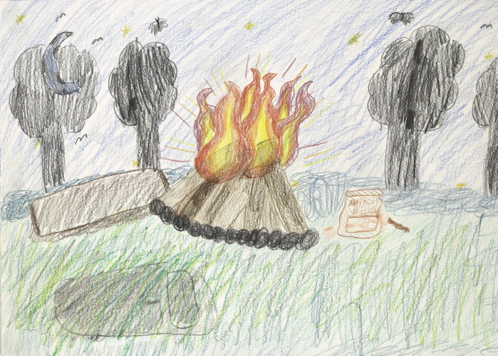 I drew a campfire with a bag of marshmallows because I like camping and roasting marshmallows.