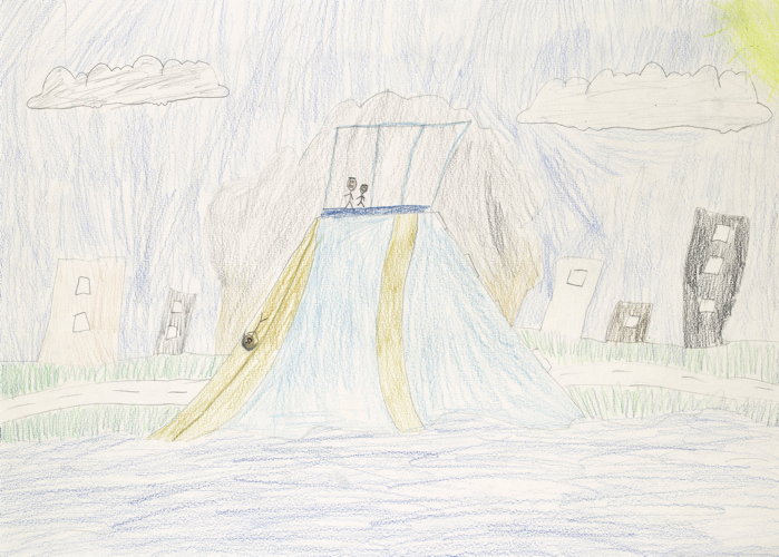 My drawing is about a big fire at Aqua Fun park. Issy and I saw it in the distance.