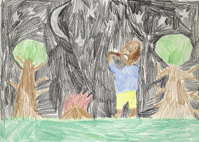 My drawing about when I went to Fiji when I was 7 and a guy ate fire and swallowed it! There were also people throwing fire and there was a big fire in the middle.